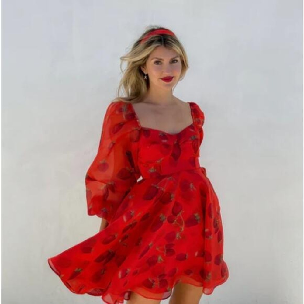 Selkie Red Strawberry Ritz Dress Womens Small Puff Sleeve Organza Mini Skater